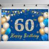 10x8ft Happy 60th Birthday Party Photography Backdrop Gold Blue Balloon Fireworks Sign Birthday Photo Backdrop Backgroud for Birthday Party Decoration Supplies Banner Photoshoot Photography Background view 3