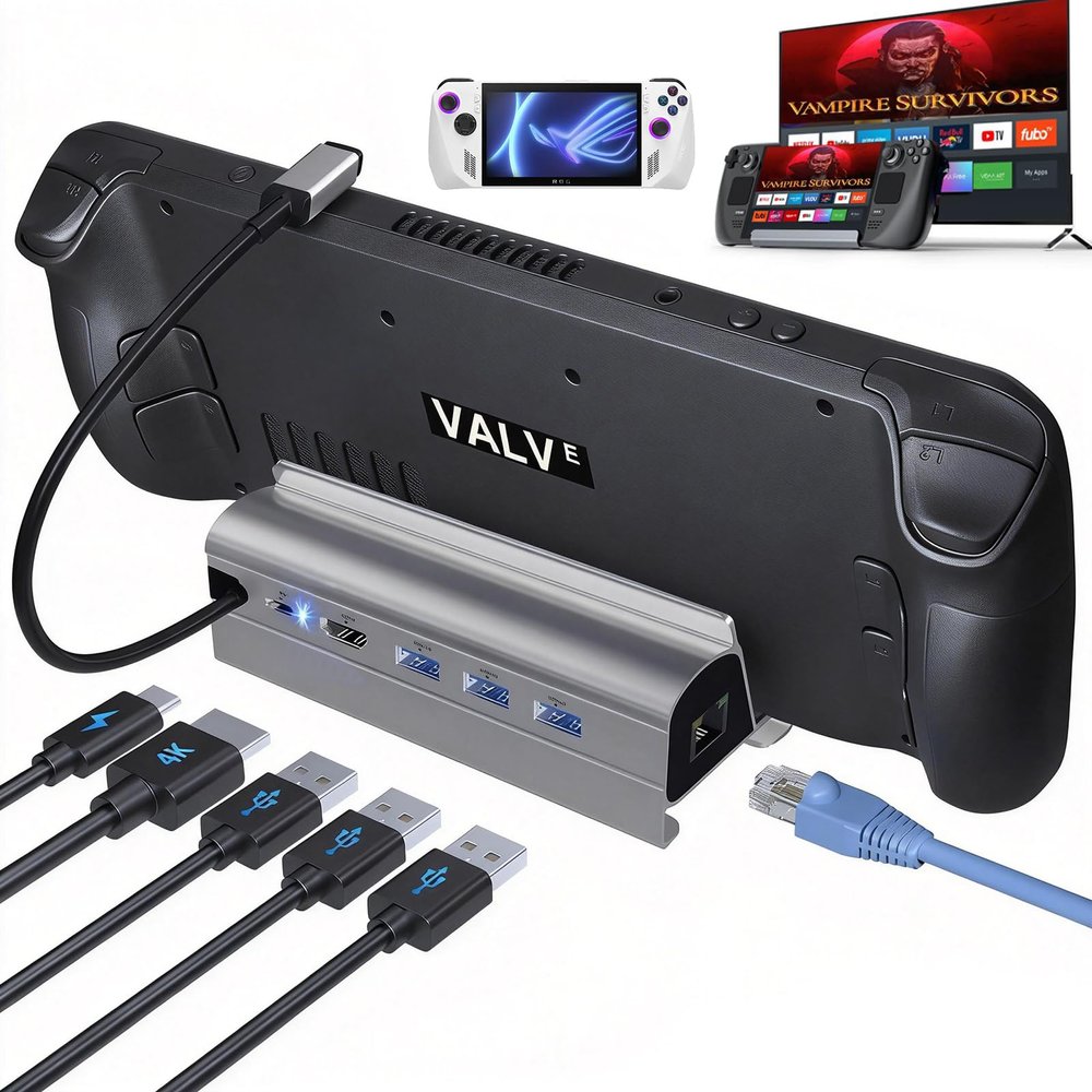 Docking Station for Steam Deck ROG Ally, 6 in 1 Stream Deck Dock with HDMI 2.0 4K@60Hz, 1000Mbps Gigabit Ethernet, 3 USB-A 3.0 and 100W Full Speed Charging USB-C Port Compatible with Valve Steam Deck