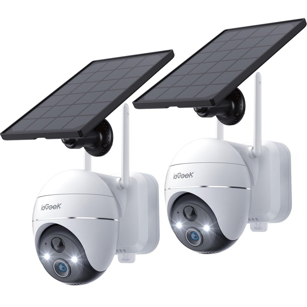 ieGeek Security Cameras Wireless Outdoor, 2K WiFi Home Security System 360 PTZ Camera 2 Pack, Solar/Battery Powered Cam with Spotlight/Siren/AI/Motion Sensor/3MP Color Night Vision, Works with Alexa