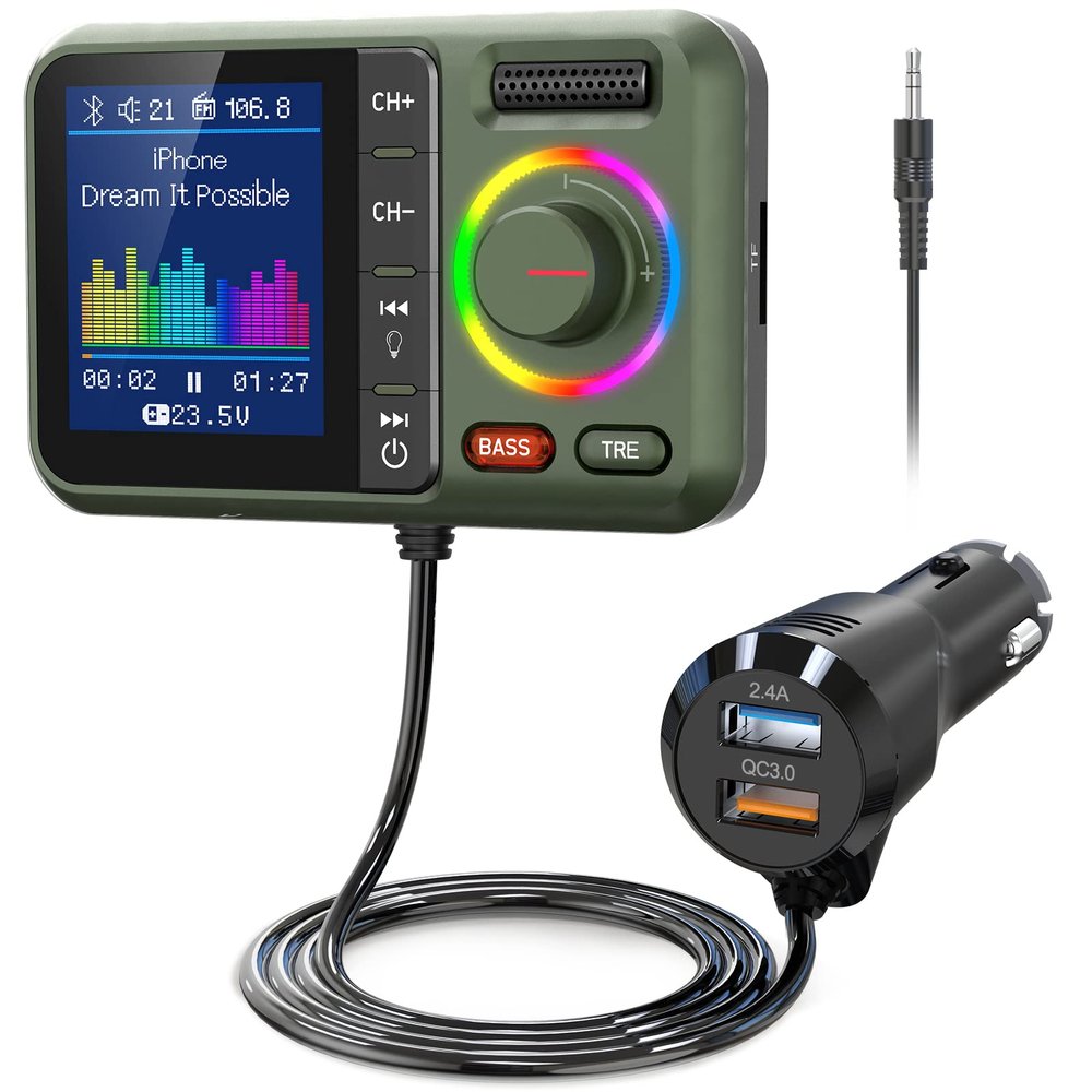 Nulaxy Bluetooth FM Transmitter for Car, Wireless Car Bluetooth Adapter with Big Color Screen, Support QC3.0 Fast Charging, Hands-Free Call, MP3 Music Player BASS&TRE Booster, TF Card AUX-KM28 Green