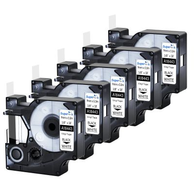 USUPERINK 5 Pack Compatible for Dymo Rhino 18443 Black on White 9mm 3/8'' x 5.5m 18ft Permanent Vinyl Label Tape for Rhino Pro 1000 3000 4200 5000 5200 6000 3M PL200 PL300 Industrial Label Makers