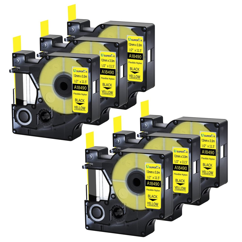 USUPERINK 6 Pack Compatible for Dymo Rhino 18490 Black on Yellow 12mm 1/2'' x 3m 11.5 feet Flexible Nylon Label Tape for Rhino 1000 3000 4200 5000 5200 6000 3M PL200 PL300 Industrial Label Makers