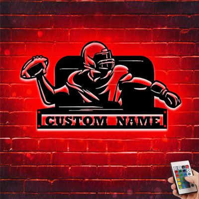 Personalized American Football Metal with Colorful Lighting Art Decor On The Wall for Your Room,School,Football Club,Sport Room Football Player Sign for Boy (American Football Player Wall Sign Light)