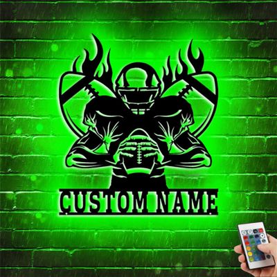 Custom Name Football Wall Decor Sign with RGB Color Changing LED Personalized Football Player Night Light Rugby Sport Room Decor Gift for Boy Girl