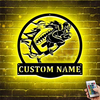 Custom Football Player Wood Wall Sign Light Flame Football LED Lamp Personalized Rugby Name Metal Wall Decor Football Kids Room Sign for Boy Men (Rugby Player Wall Sign Light)
