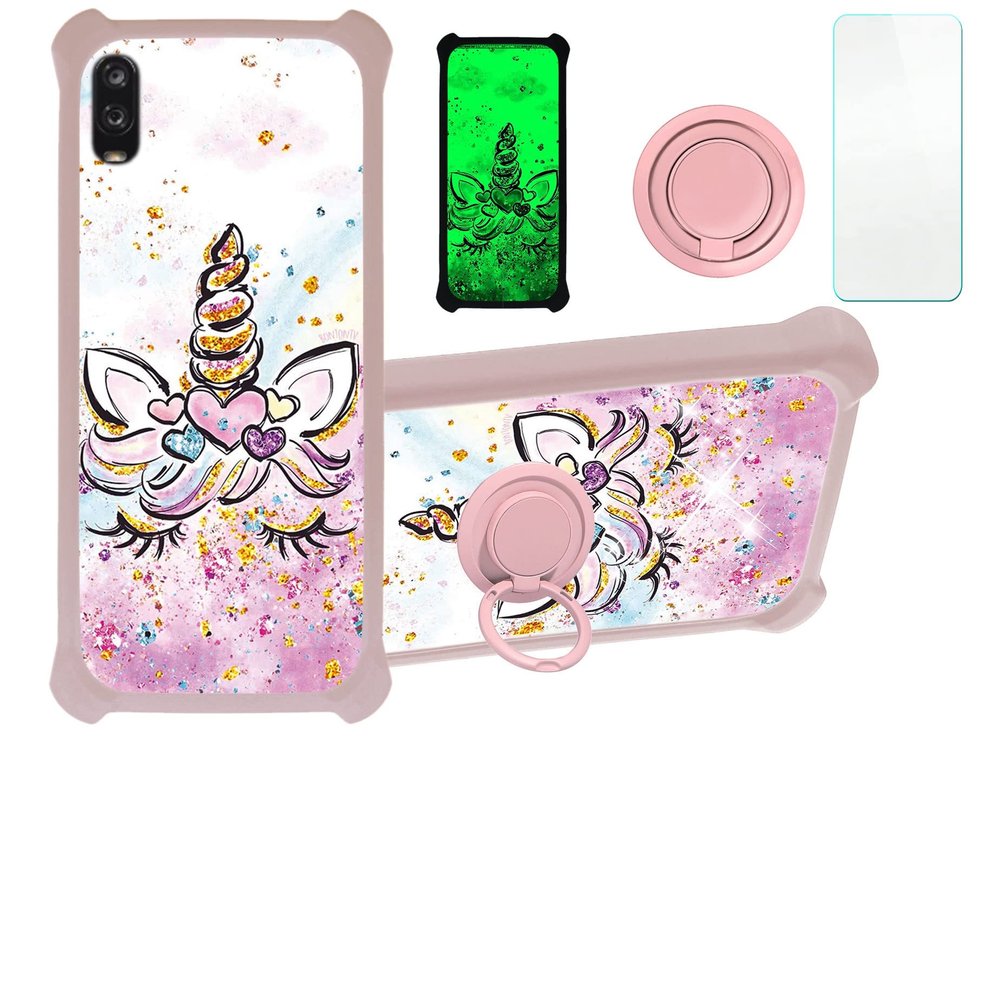 Jitterbug Smart 3 Case Compatible with Lively Smart Phone Case Cover [with Tempered Glass Screen Protector][Hard PC + Soft Silicone][Ring Support] [Gold Glitter+Luminous] JSF-JJS