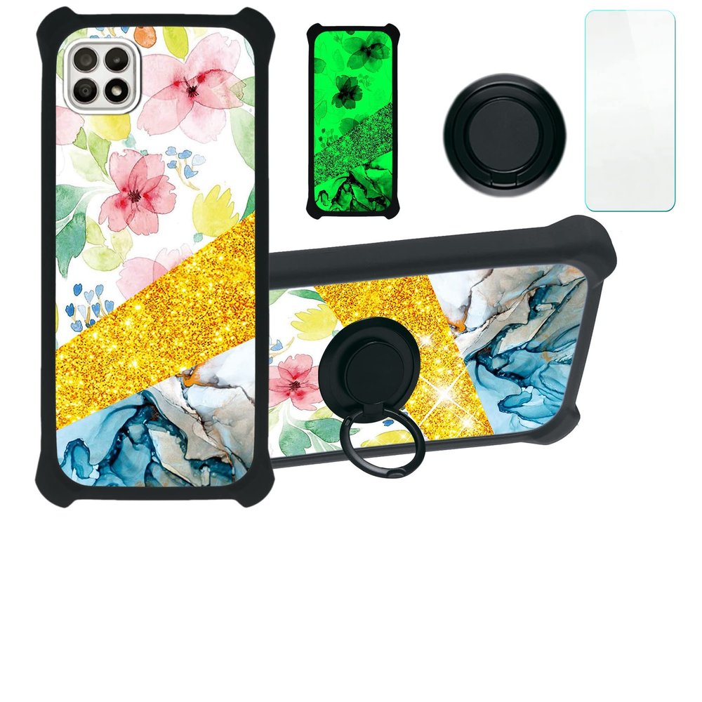 Boost Celero5g Celero 5g Case Compatible with Boost Celero5g Celero 5g Phone Case Cover [with Tempered Glass Screen Protector][Hard PC + Soft Silicone][Ring Support] [Gold Glitter+Luminous] JSH-SHS