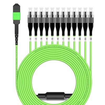 AMPCOM MPO to FC Breakout Cable 50/125m Multimode OM5(12 Fiber, MPO to FC, Type B, LSZH/Riser, UPC, Lime Green) 50m (164ft)