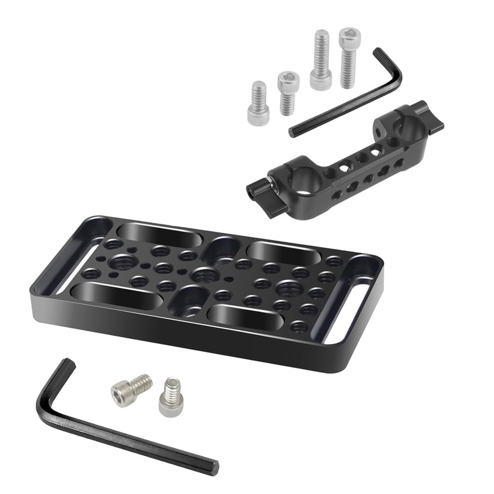 FEICHAO Multi-Functional Expansion Quick Release Plate 1/4 3/8 Positioning Hole for Railblocks Dovetails Rods SLR Camera Cage (Type A+Rail Rod Clamp)