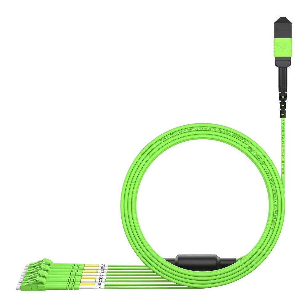 AMPCOM MPO to LC Breakout Cable 50/125m Multimode OM5(8 Fiber, MPO to LC, Type B, LSZH/Riser, UPC, Lime Green) 25m (82ft)