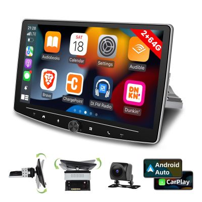[2G+64G] 10 inch Android 13 Single Din Touch Screen Car Stereo Rotatable Carplay Radio with Wired/Wireless Carplay & Android Auto, Hi-Fi/Bluetooth/SWC/GPS+AHD Backup Camera
