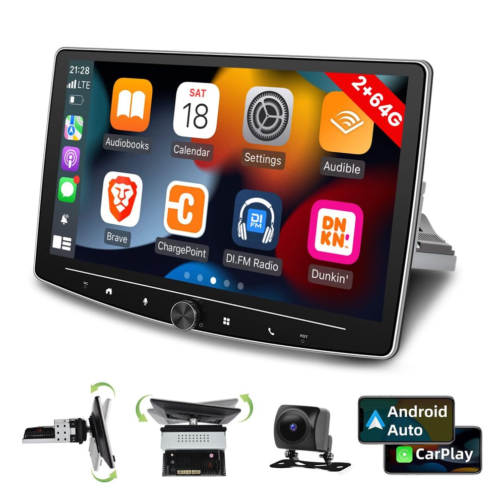 [2G+64G] 10 inch Android 13 Single Din Touch Screen Car Stereo Rotatable Carplay Radio with Wired/Wireless Carplay & Android Auto, Hi-Fi/Bluetooth/SWC/GPS+AHD Backup Camera