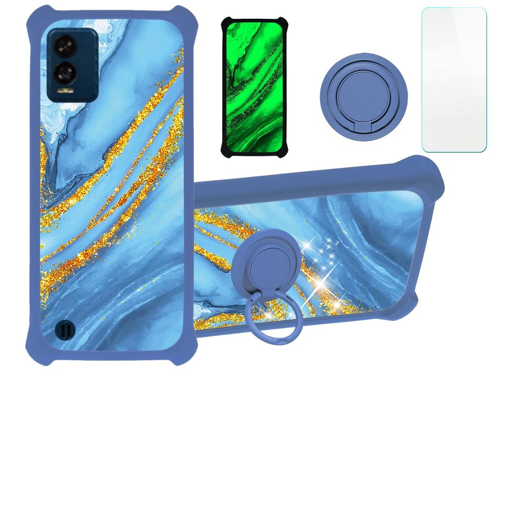 BLU View Speed 5G Case Compatible with BLU View Speed 5G B1550VL Phone Case Cover [with Tempered Glass Screen Protector][Hard PC + Soft Silicone][Ring Support] [Gold Glitter+Luminous] JSL-LDL