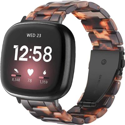 Ayeger Resin Wristband Compatible with Fitbit Versa 4 3 Bands/Fitbit Versa Sense 2 1 Bands,Women Men Lightweight Bracelet Strap with Stainless Steel Metal Buckle(Black Tortoise)