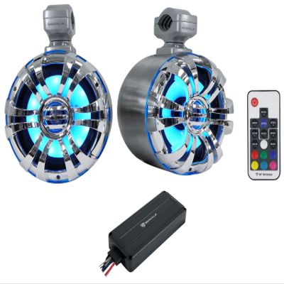 Rockville WB65KLS Bundle: Pair 6.5-in 300-Watt Peak / 150-Watt RMS Metal Marine Wakeboard LED Tower Speakers, ATV220 2-Channel UTV/ATV/RZR Bluetooth Amplifier IP65, 2-Items