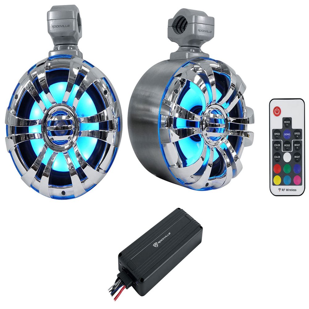Rockville WB65KLS Bundle: Pair 6.5-in 300-Watt Peak / 150-Watt RMS Metal Marine Wakeboard LED Tower Speakers, ATV220 2-Channel UTV/ATV/RZR Bluetooth Amplifier IP65, 2-Items