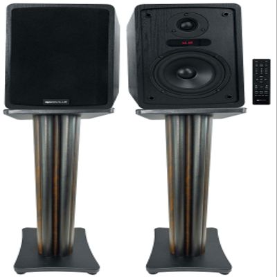 Rockville ELITE-5B Bundle: 5.25 in Powered Bookshelf Speakers with Bluetooth and Optical Input, 200-Watt RMS 800-Watt Peak, SS28D 28 in Speaker Stands Dark Wood Grain, 2 Items