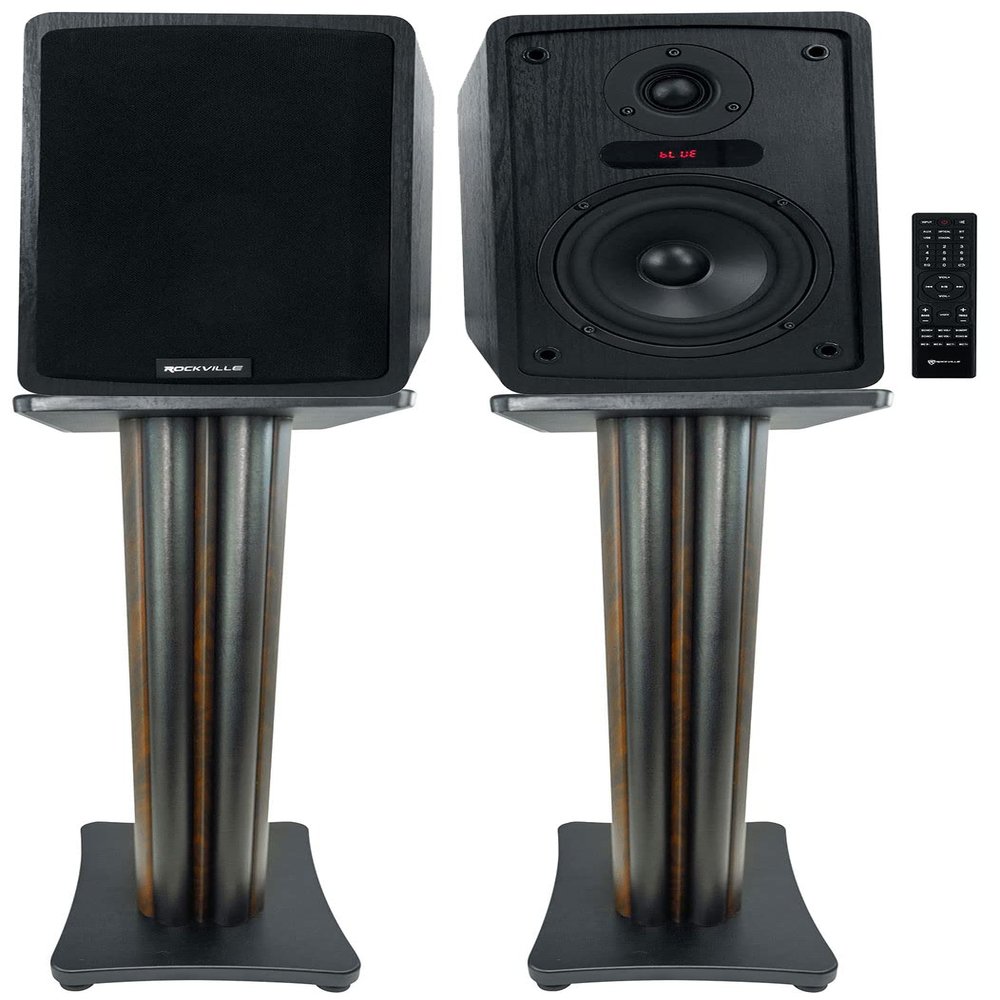 Rockville ELITE-5B Bundle: 5.25 in Powered Bookshelf Speakers with Bluetooth and Optical Input, 200-Watt RMS 800-Watt Peak, SS28D 28 in Speaker Stands Dark Wood Grain, 2 Items
