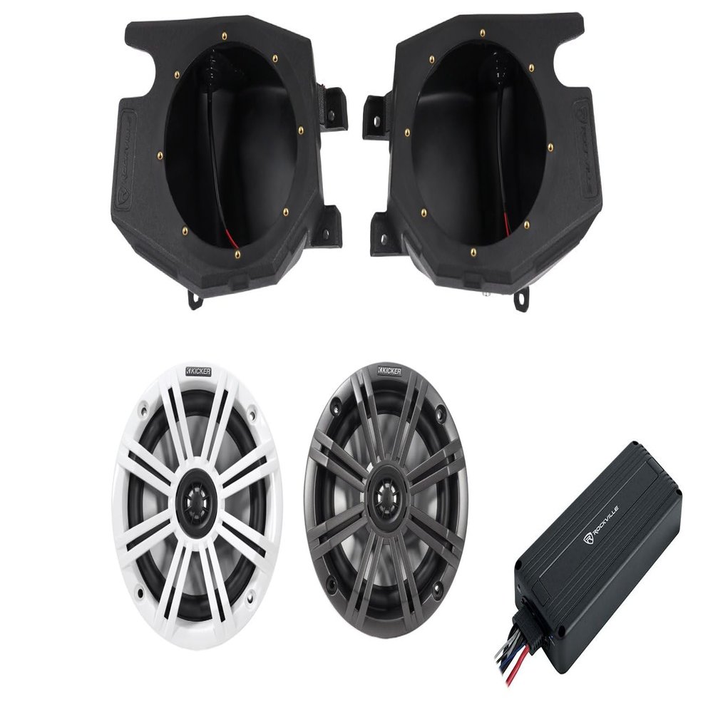 Rockville Audiosavings Bundle: Pair Kicker 45KM654 6.5" 390w Marine Boat Speakers Bundle ATV220 UTV/Motorcycle Bluetooth Amplifier+RockZR v2 2014-2023 Polaris RZR 6.5" Speaker Pods (3 Items)