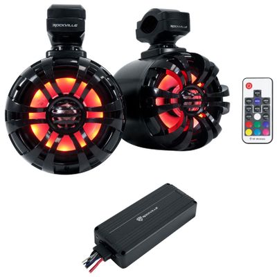 Rockville WB50KLS Black Bundle: (2) 5.25 in 250-Watt Marine Wakeboard LED Tower Speakers, ATV220 2-Channel IP65 Bluetooth Amplifier for ATV/UTV/RZR, Waterproof Design, 3-Items