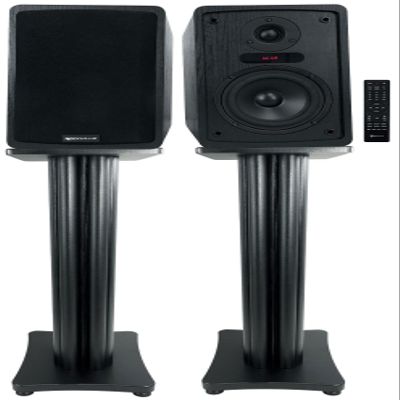 Rockville ELITE-5B Bundle: 5.25 in Powered Bookshelf Speakers with Bluetooth and Optical Input, 200-Watt RMS 800-Watt Peak, SS28B 28 in Speaker Stands Black Wood Grain, 2 Items