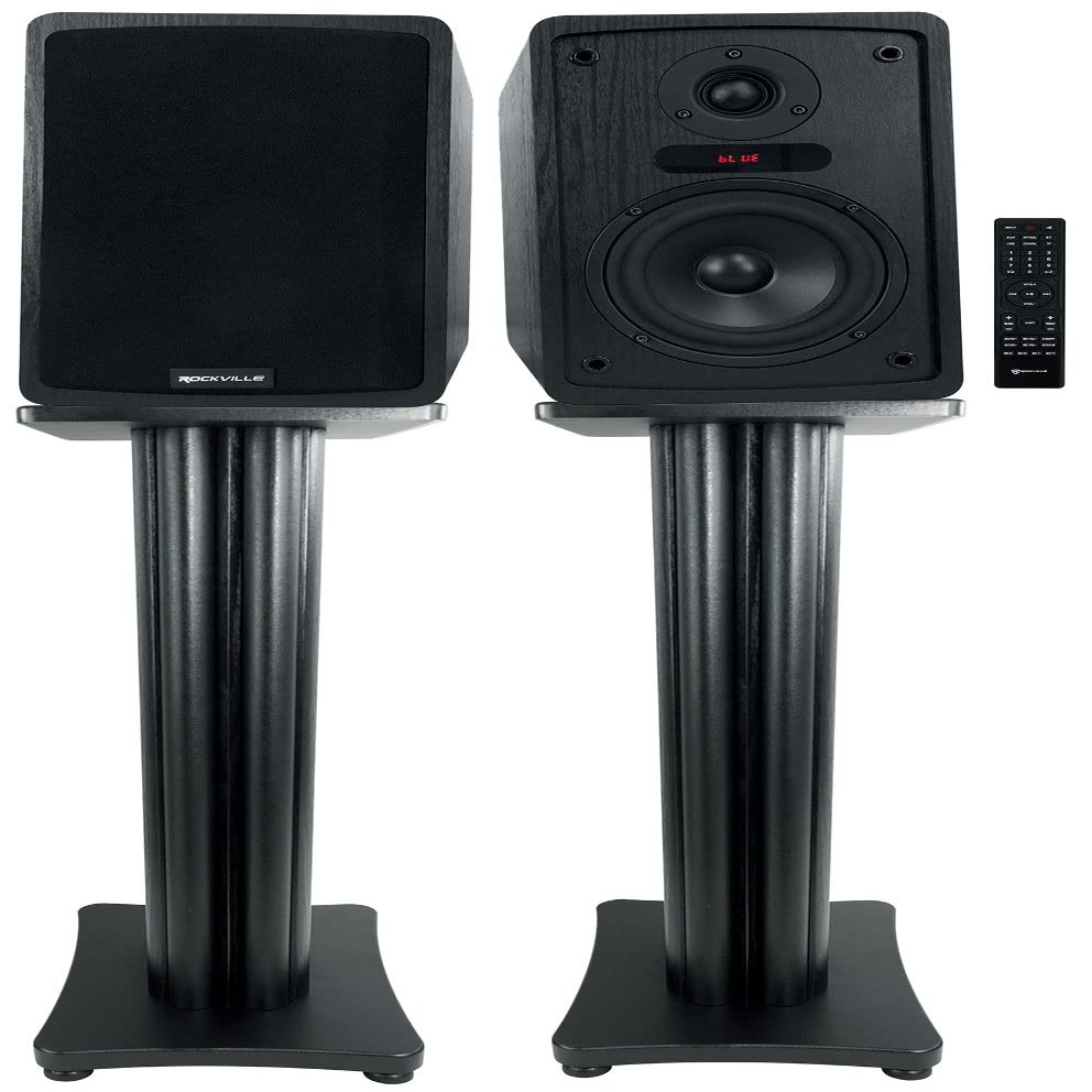 Rockville ELITE-5B Bundle: 5.25 in Powered Bookshelf Speakers with Bluetooth and Optical Input, 200-Watt RMS 800-Watt Peak, SS28B 28 in Speaker Stands Black Wood Grain, 2 Items