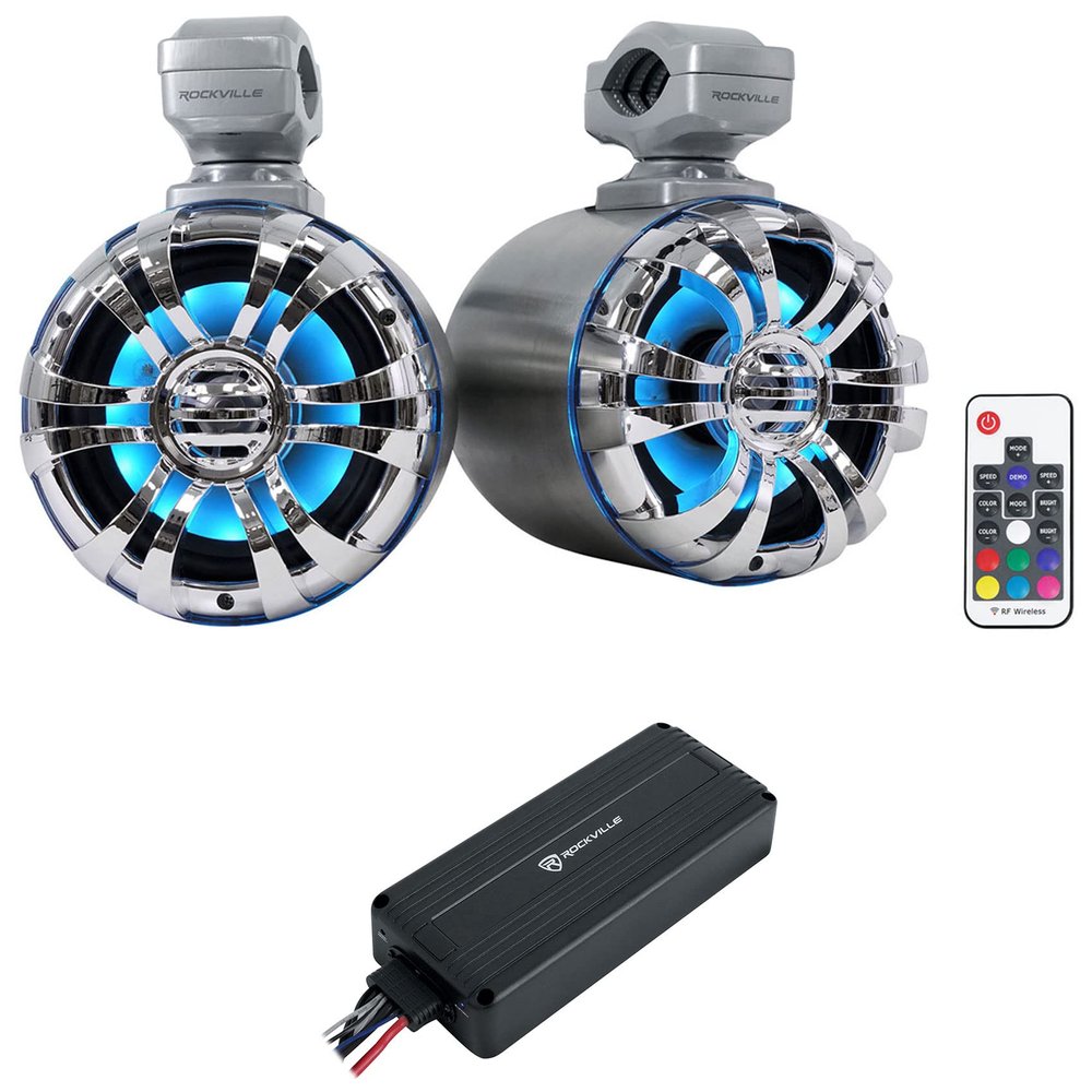 Rockville WB50KLS Bundle: (2) 5.25 in 250-Watt Peak/125-Watt RMS 4 Ohm Marine Wakeboard Tower Speakers, ATV220 2-Channel Bluetooth IP65 Micro Amplifier, Polished Silver, 3-Items