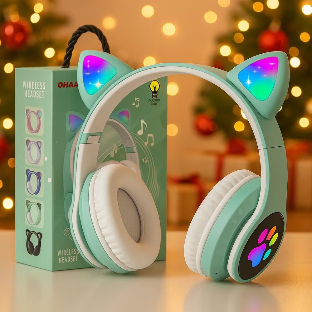 KERHAND Bluetooth Headphones for Kids, Cute Ear Cat Ear LED Light Up Foldable Headphones Stereo Over Ear with Microphone/TF Card Wireless Headphone for iPhone/iPad/Smartphone/Laptop/PC/TV (Green)