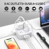 10 Ft Surge Protector Power Strip - YISHU 3 Side Outlet Extender with 8 Widely AC Outlets and 4 USB Ports, 10 Feet Extension Cord with Flat Plug, Wall Mount Desk USB Charging Station, ETL,White view 2