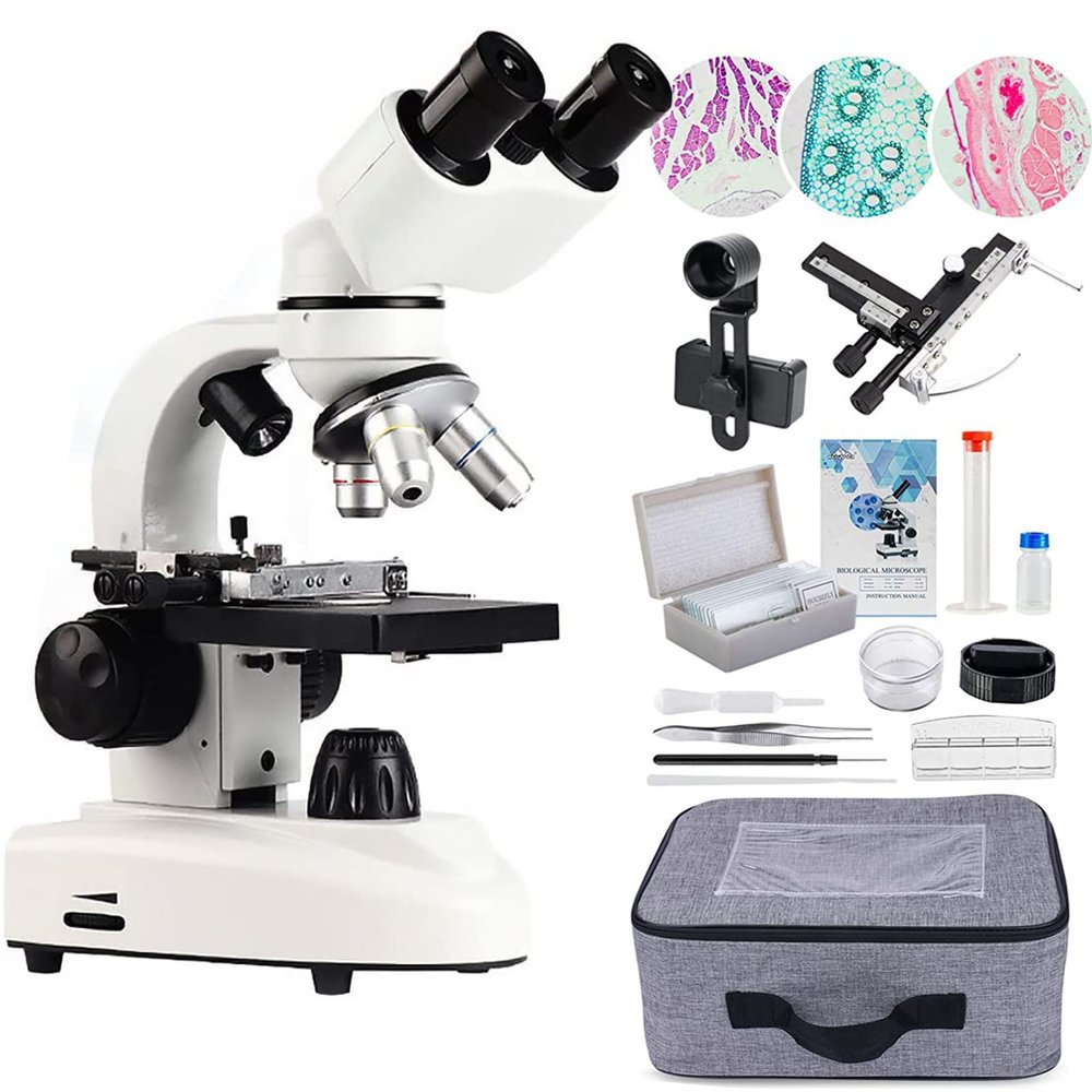 Binocular Compound Lab Microscope,Double Layer Mechanical Stage+10PCS Blank Slides,Phone Holder&Caliper,for Students Teaching and Beginners Hobbyist,15000X
