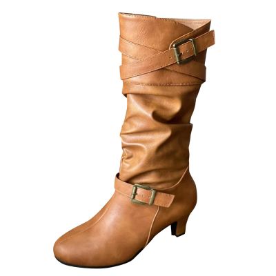 ZBYY Women's High Heel Mid Calf Boots,Winter Slouchy Round Toe Pull On Buckle Strap Low Chunky Heel Fall Mid Calf Boots