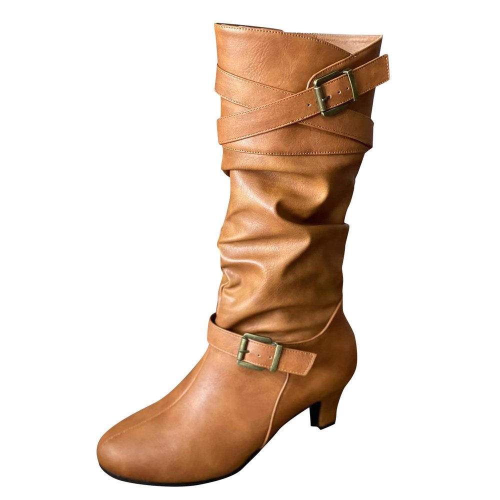 ZBYY Women's High Heel Mid Calf Boots,Winter Slouchy Round Toe Pull On Buckle Strap Low Chunky Heel Fall Mid Calf Boots