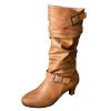 ZBYY Women's High Heel Mid Calf Boots,Winter Slouchy Round Toe Pull On Buckle Strap Low Chunky Heel Fall Mid Calf Boots view 1