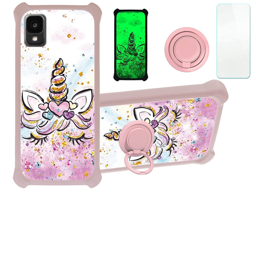 Case for Tcl 30 Le 30le Case Compatible with Tcl 30 Z 30z T602dl Phone Case Cover [with Tempered Glass Screen Protector][Hard PC + Soft Silicone][Ring Support] [Gold Glitter+Luminous] JSF-JJS