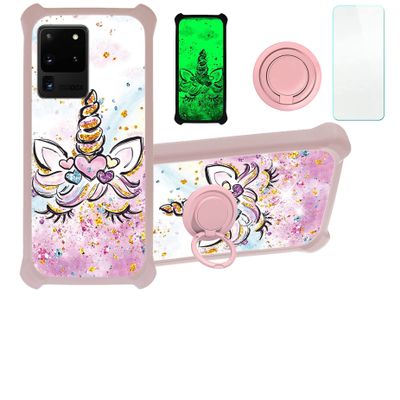 Galaxy S20+ Plus 5g Case Compatible with Samsung Galaxy S20+ Plus 5g Phone Case Cover [with Tempered Glass Screen Protector][Hard PC + Soft Silicone][Ring Support] [Gold Glitter+Luminous] JSF-JJS