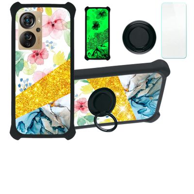jioeuinly Case for Zte Axon 40 Pro Case Compatible with Zte Axon 40 Pro Phone Case Cover [with Tempered Glass Screen Protector][Hard PC + Soft Silicone][Ring Support] [Gold Glitter+Luminous] JSH-SHS