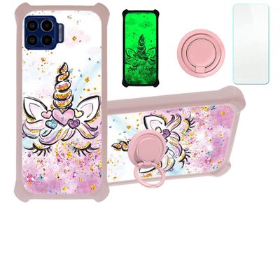 Case for Moto One 5g Case Compatible with Motorola Moto One 5g 6.7 Phone Case Cover [with Tempered Glass Screen Protector][Hard PC + Soft Silicone][Ring Support] [Gold Glitter+Luminous] JSF-JJS