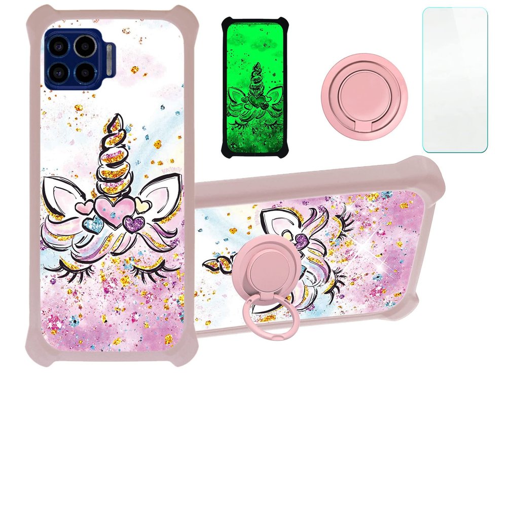 Case for Moto One 5g Case Compatible with Motorola Moto One 5g 6.7 Phone Case Cover [with Tempered Glass Screen Protector][Hard PC + Soft Silicone][Ring Support] [Gold Glitter+Luminous] JSF-JJS