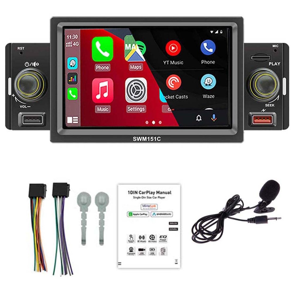 1Din Car Radio Stereo Receiver Carplay 5" Bluetooth Hands-Free Calling Touchscreen MP5 Player Android Auto Mirror Link AM/FM/2USB/SD