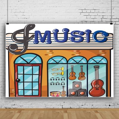 12x8ft Cartoon Music Shop Photography Backdrop Cartoons Theme Gift Background for Kids Children Baby Shower Birthday Party Banner Cartoon Music Store School Party Photo Booth Props