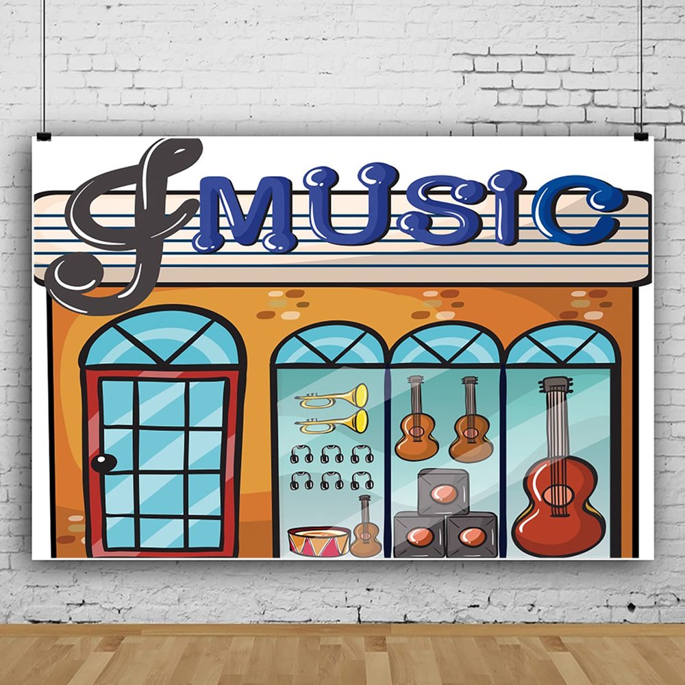 12x10ft Cartoon Music Shop Photography Backdrop Cartoons Theme Gift Background for Kids Children Baby Shower Birthday Party Banner Cartoon Music Store School Party Photo Booth Props