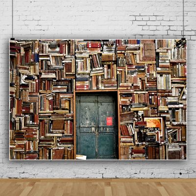12x10ft Vintage Wooden Bookshelf Backdrop,Retro Blue Door Decor for Library School Books Collection Photography Background Education Culture Adult Portrait Interior Photo Studio Props Wallpaper
