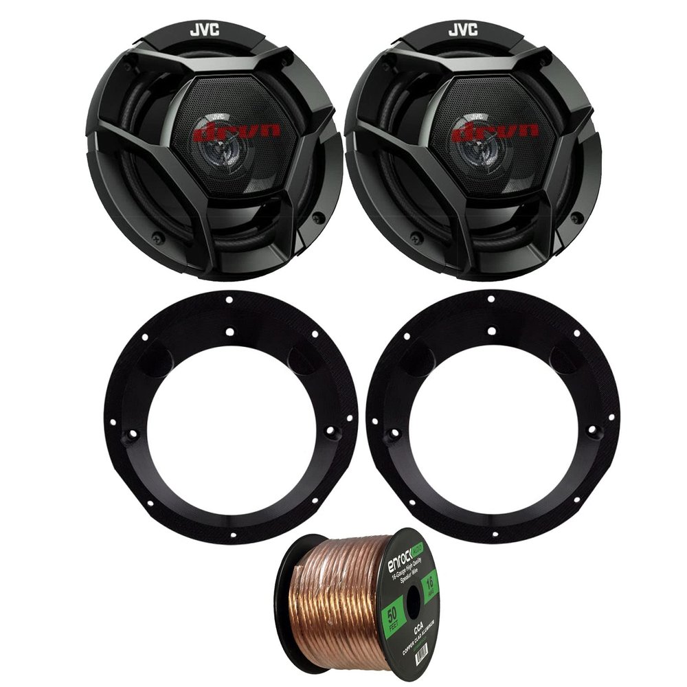 98-13 Motorcycle Speaker Bundle: 2X of JVC 6.75" Inch 300 Watts 2-Way dvrn DR-Series Black Car Stereo Shallow-Mount Coaxial Speakers + Speaker Mounting Rings for Motorcycles + 50 Ft 16G Speaker Wire