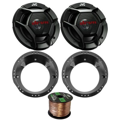 98-13 Motorcycle Speaker Bundle: 2X of JVC 6.5" Inch 300 Watts 2-Way dvrn DR-Series Black Car Stereo Coaxial Speakers + Speaker Mounting Rings for Motorcycles + 50 Ft 16G Speaker Wire