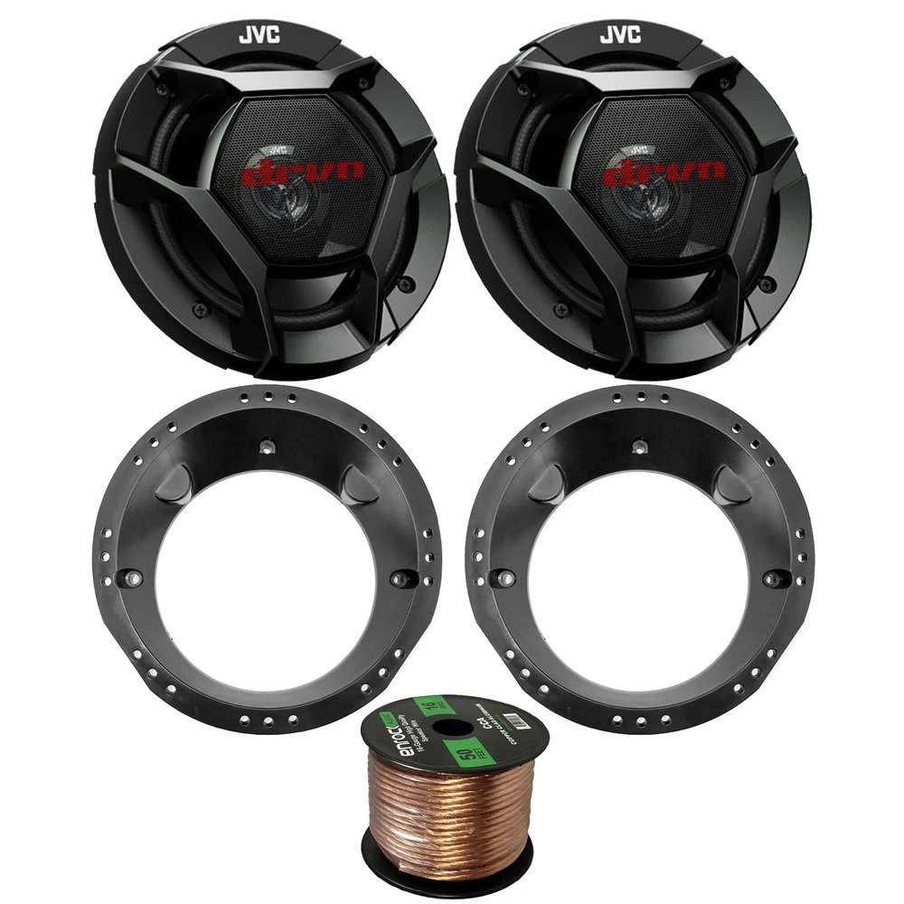 98-13 Motorcycle Speaker Bundle: 2X of JVC 6.5" Inch 300 Watts 2-Way dvrn DR-Series Black Car Stereo Coaxial Speakers + Speaker Mounting Rings for Motorcycles + 50 Ft 16G Speaker Wire