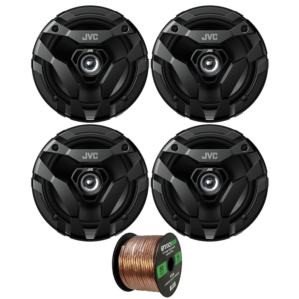 2 Pairs (QTY 4) of JVC 6.5" 300W Max Power Car Audio 2-Way Coaxial Vehicle Speakers Bundle Combo with 50 Ft 16 Gauge Audio Speaker Wiring