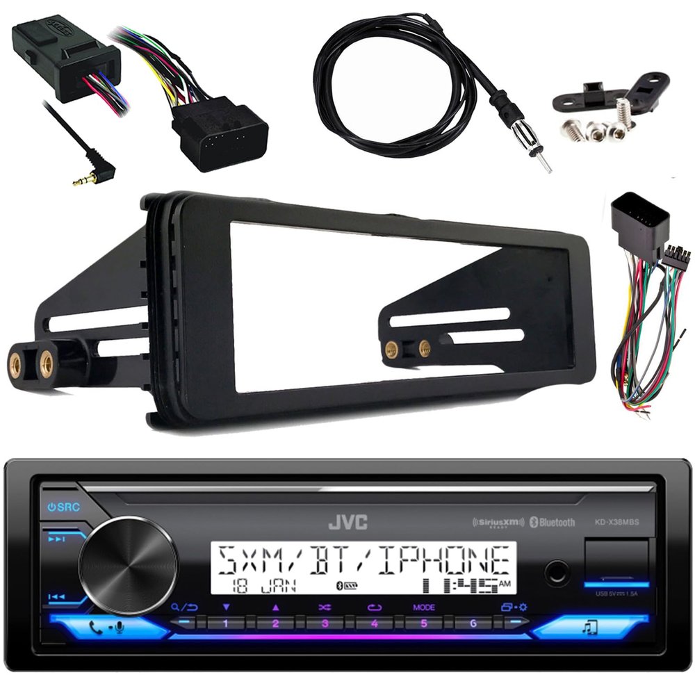 JVC in-Dash Motorsports Bluetooth USB AUX LED Illumination AM/FM Stereo Receiver Bundle Combo with Stereo Install Kit, Handlebar Controls Interface, 40" Wire Antenna (Fits Select 98-2013 HD Models)