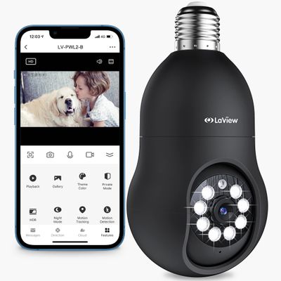 LaView 4MP Bulb Security Camera 2.4GHz, 360 2K Security Cameras Wireless Outdoor Indoor Full Color Day and Night, Motion Detection, Audible Alarm, Easy Installation, Compatible with Alexa(Black)