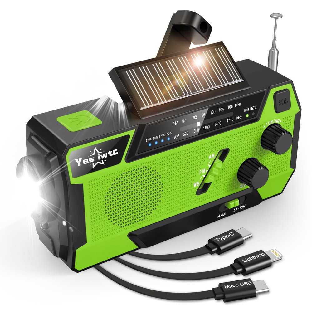 Yesiwtc 7400mWh NOAA Emergency Weather Radio with 3 in 1 Charging Cable - Solar Hand Crank Alert Radio - 3 Power Supply Methods - SOS Alarm, Flashlight for Hurricane Emergencies
