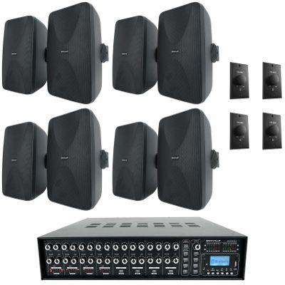 Rockville WET-6525B Bundle: (8) 6.5 in Black 70V Wall Speakers, (4) VOL70100 Wall Volume Controls, Rock Matrix 4 Zone 70V Commercial Amplifier with Matrix Source Routing, 13-Items